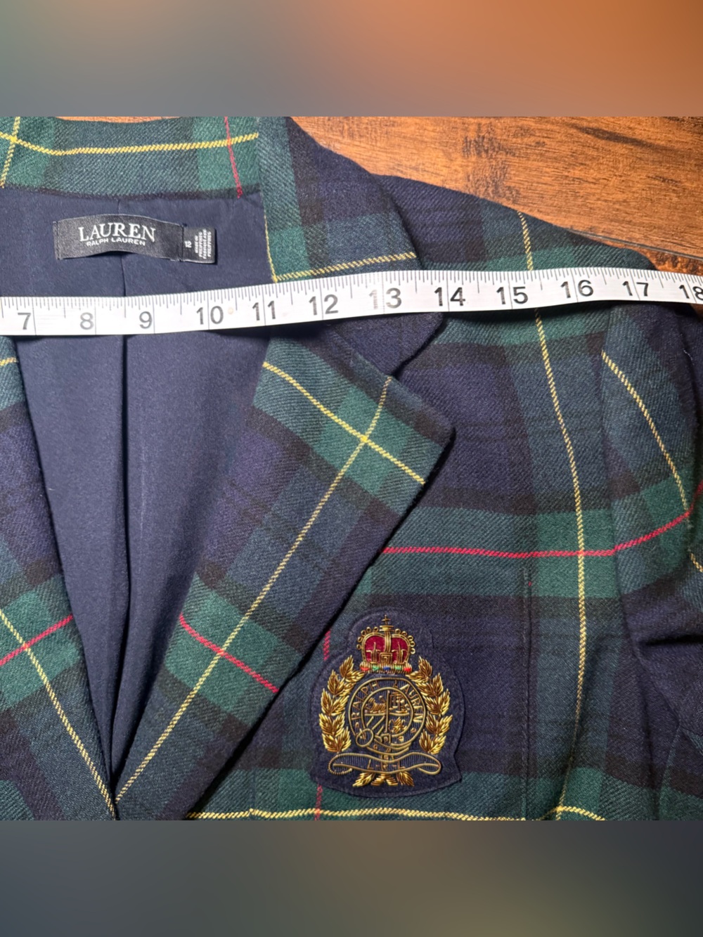 Ralph Lauren Plaid Bullion Crest Blazer 12 EUC Navy Green Tartan Preppy Academic - Picture 15 of 16